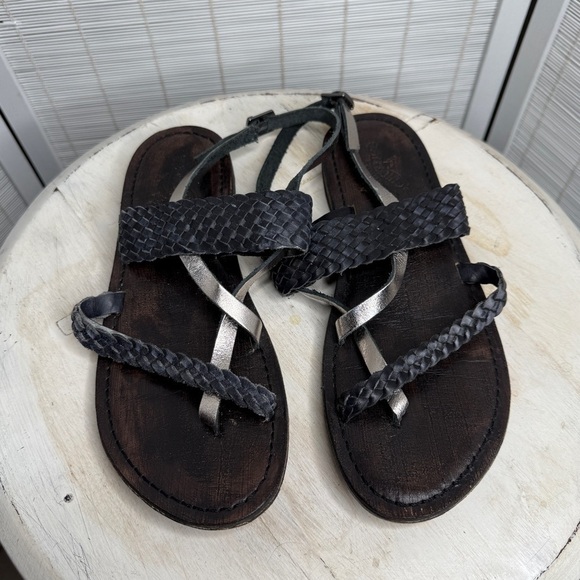 Freebird by Steven Shoes - Freebird Sandals Sea Braided Black Silver Leather Adjustable Strap Boho Size 7
